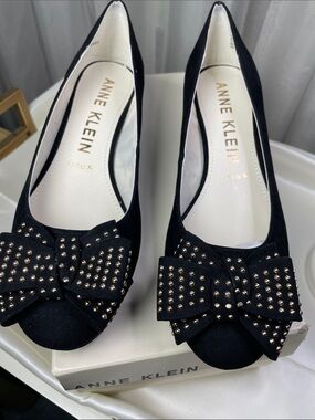 Anne Klein Black Suede Bow Studded Flats